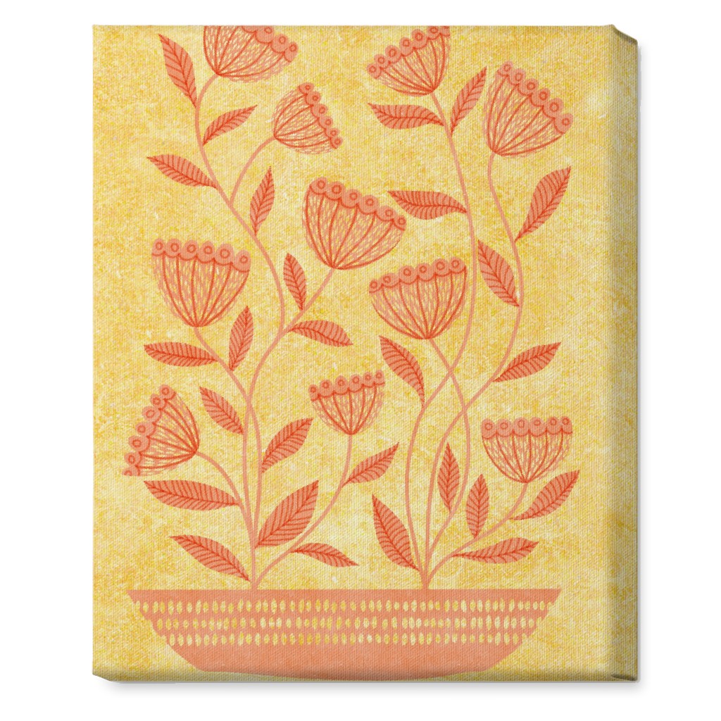 Mid Century Modern Orange Floral on Yellow Wall Art, No Frame, Single piece, Canvas, 16x20, Orange, Orange