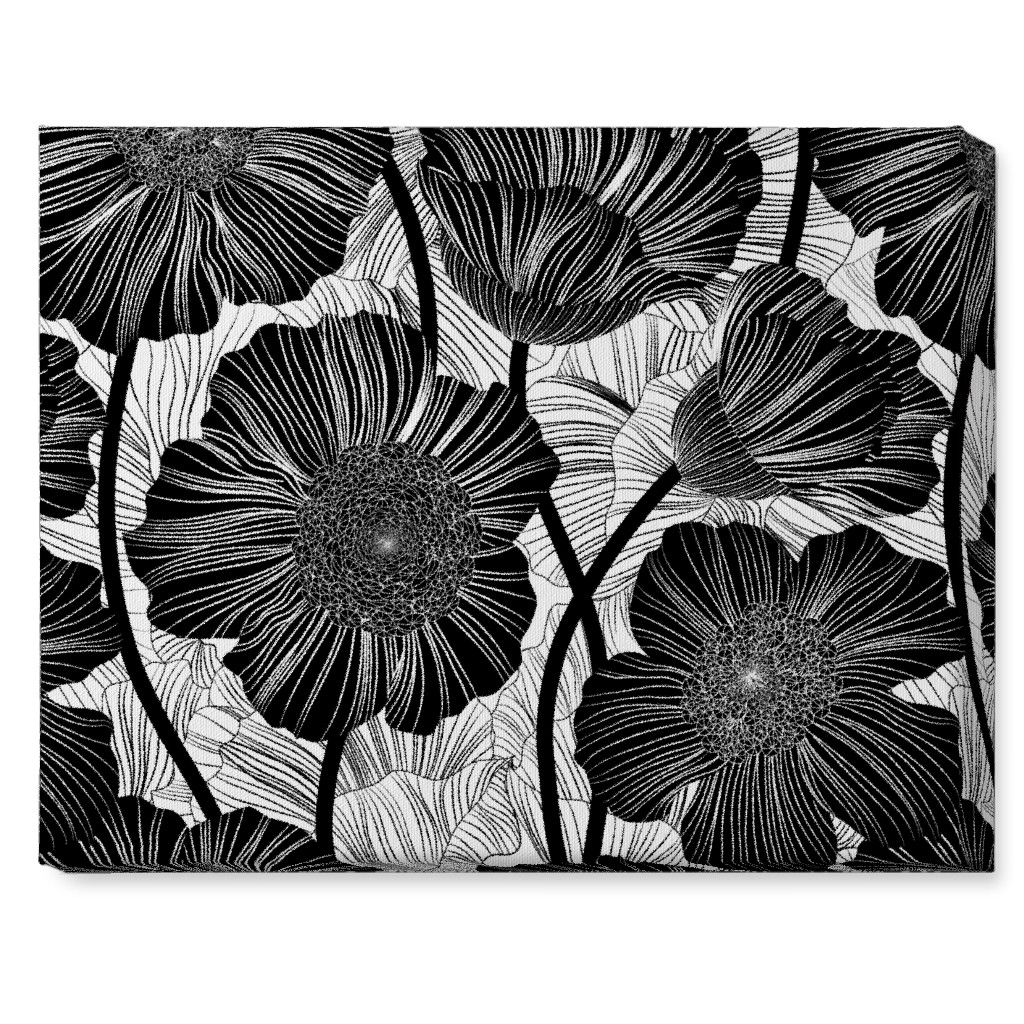 Mid Century Modern Floral - Black and White Wall Art, No Frame, Single piece, Canvas, 16x20, Black