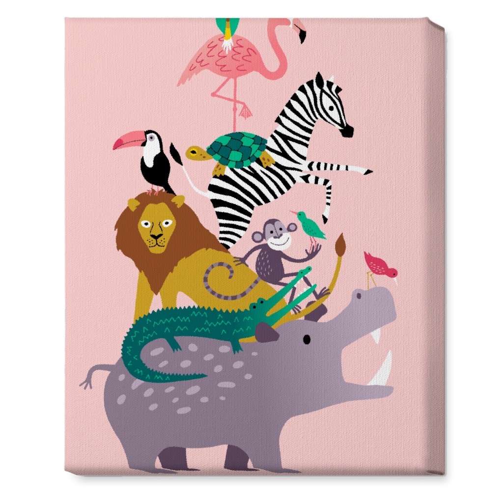 Wild Animal Tower - Pink Wall Art, No Frame, Single piece, Canvas, 16x20, Multicolor
