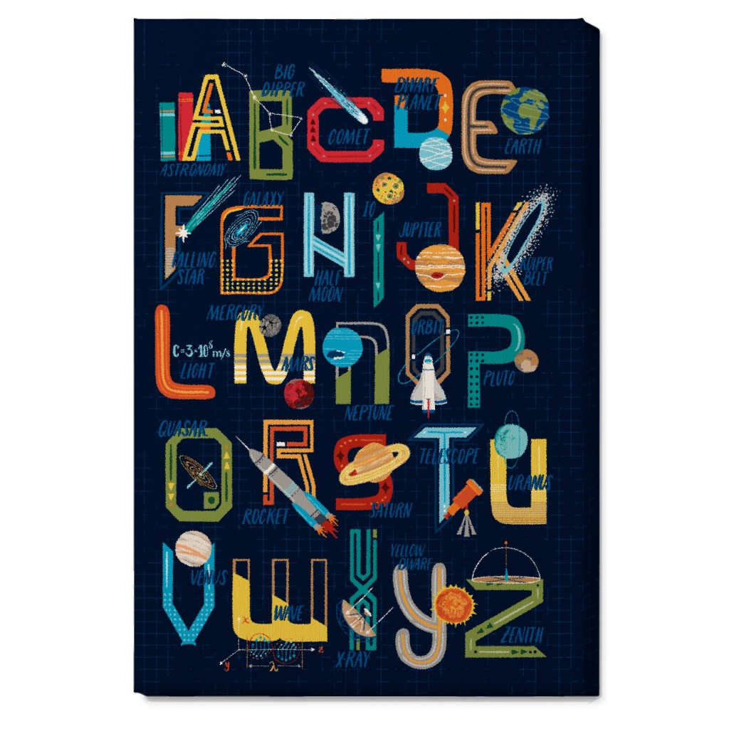 Outer Space Alphabet - Rocket, Planets, Science, Astronomy & Stem Wall Art, No Frame, Single piece, Canvas, 20x30, Multicolor