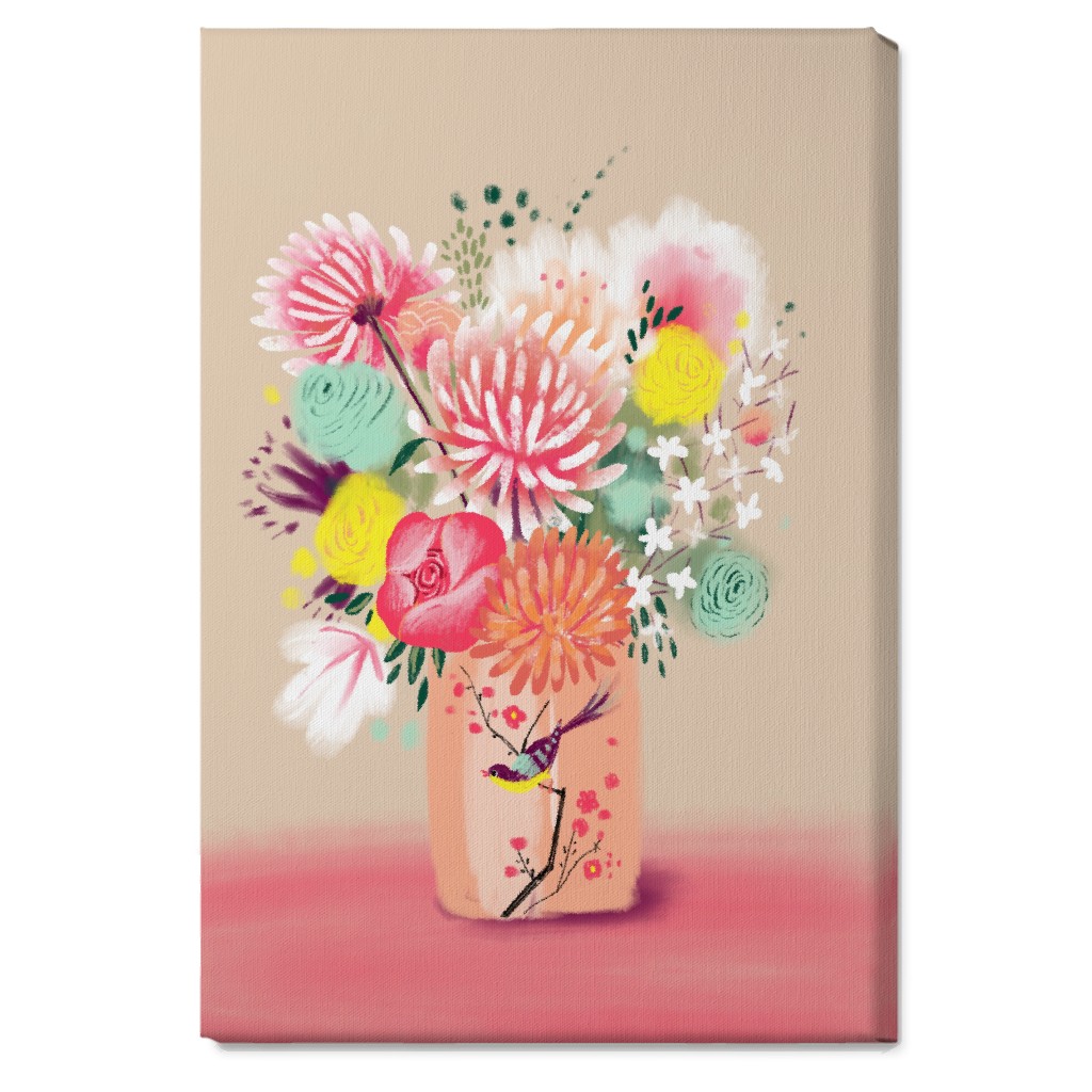 Bouquet in a Bird Vase Wall Art, No Frame, Single piece, Canvas, 20x30, Pink, Bright Pink