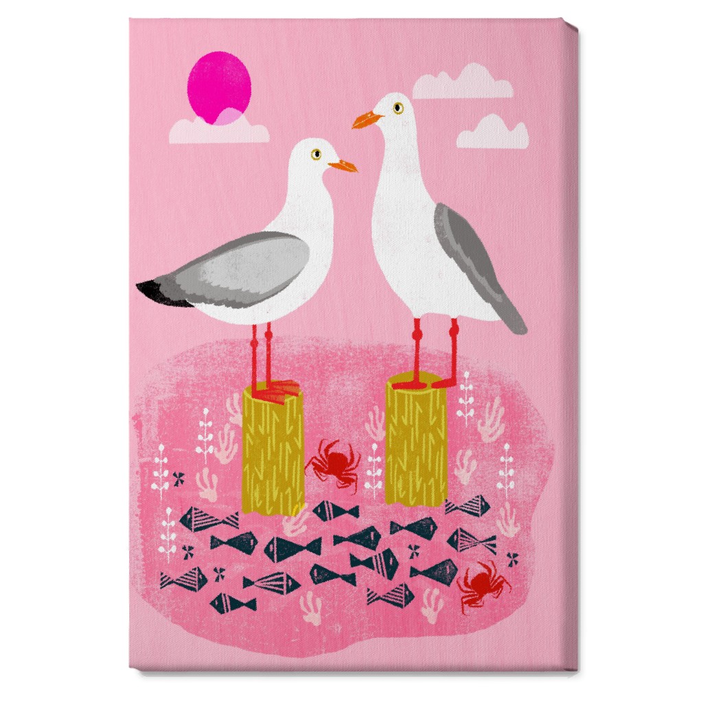Perched Seagulls - Pink Wall Art, No Frame, Single piece, Canvas, 20x30, Pink, Bright Pink