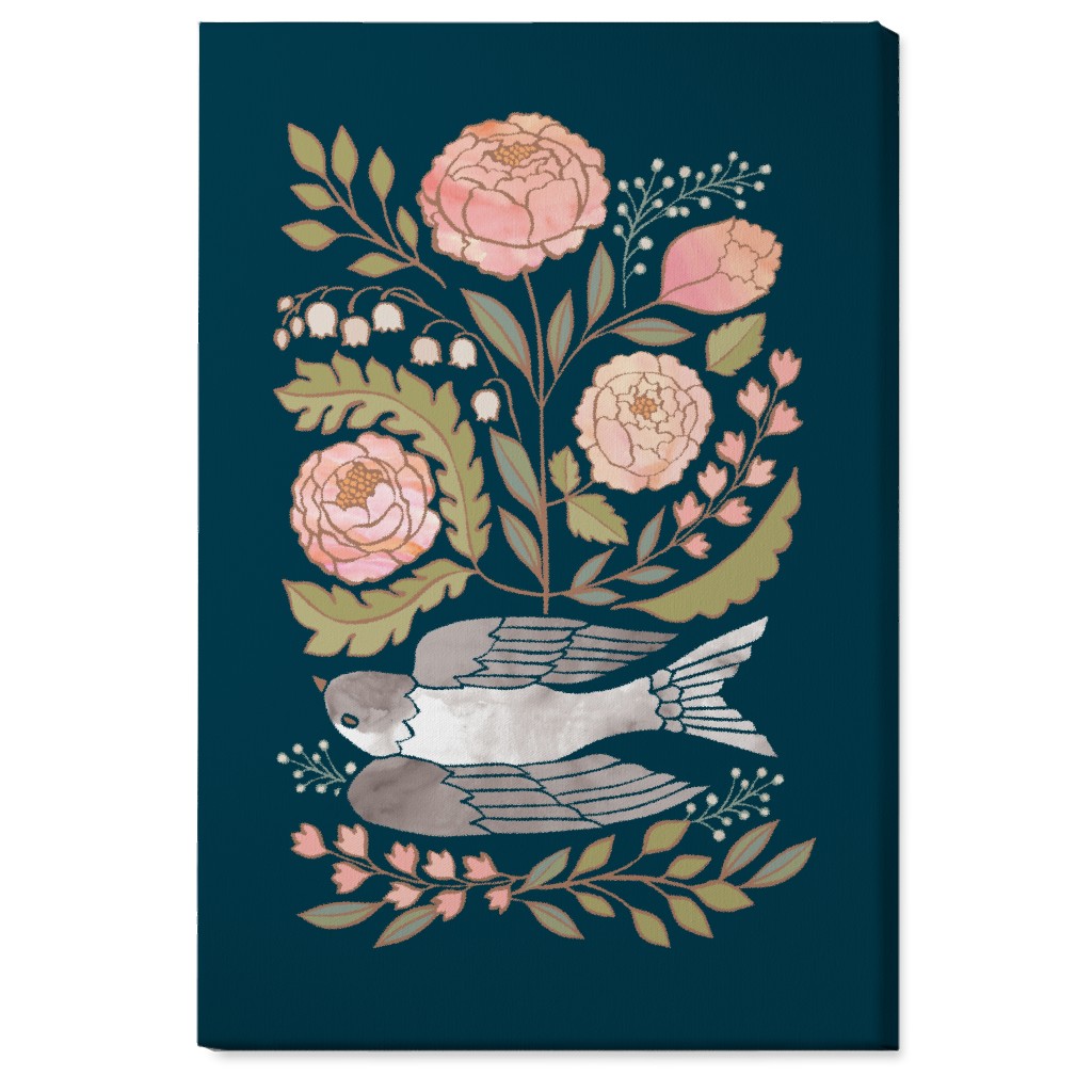 Bloom - Dove & Pink Peonies on Blue Wall Art, No Frame, Single piece, Canvas, 24x36, Multicolor