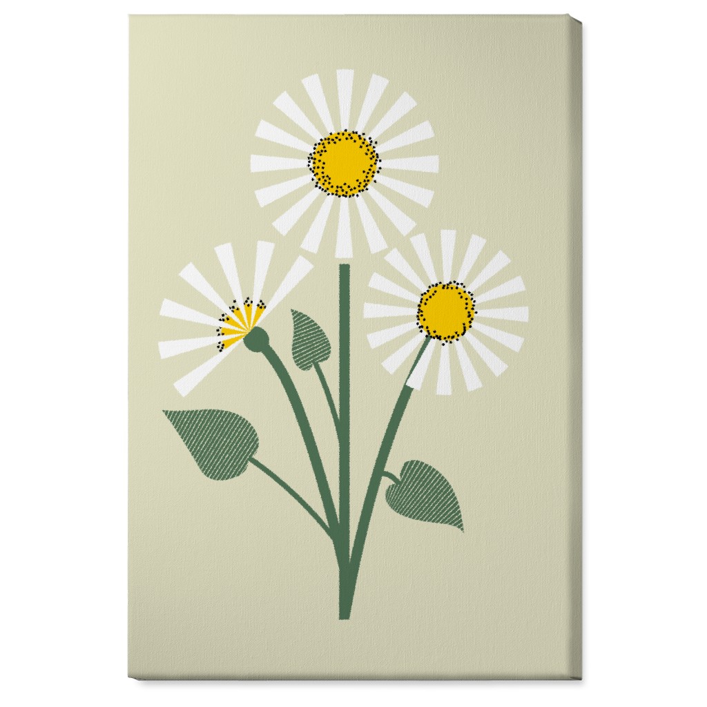 Abstract Daisy Flower - White on Beige Wall Art, No Frame, Single piece, Canvas, 24x36, Green