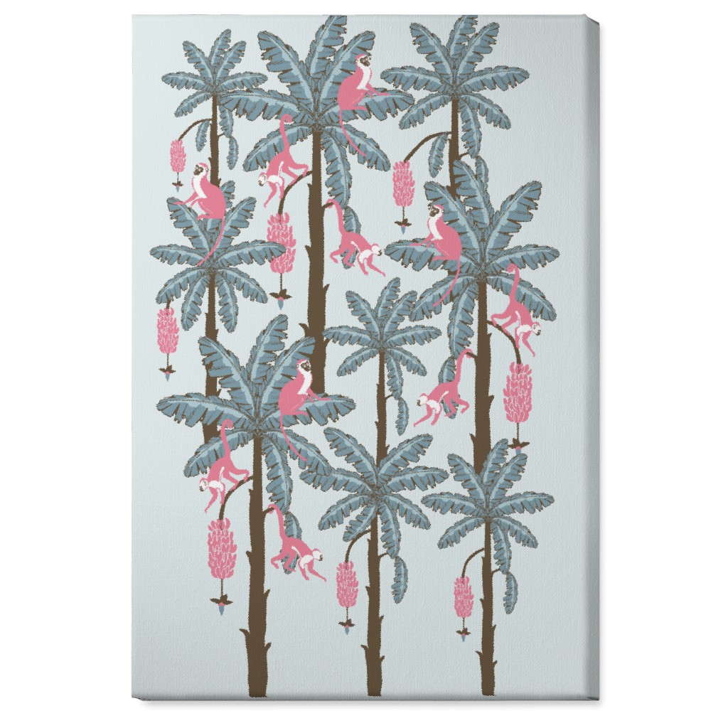 Monkey and Banana Trees - Blue and Pink Wall Art, No Frame, Single piece, Canvas, 24x36, Blue, True Blue
