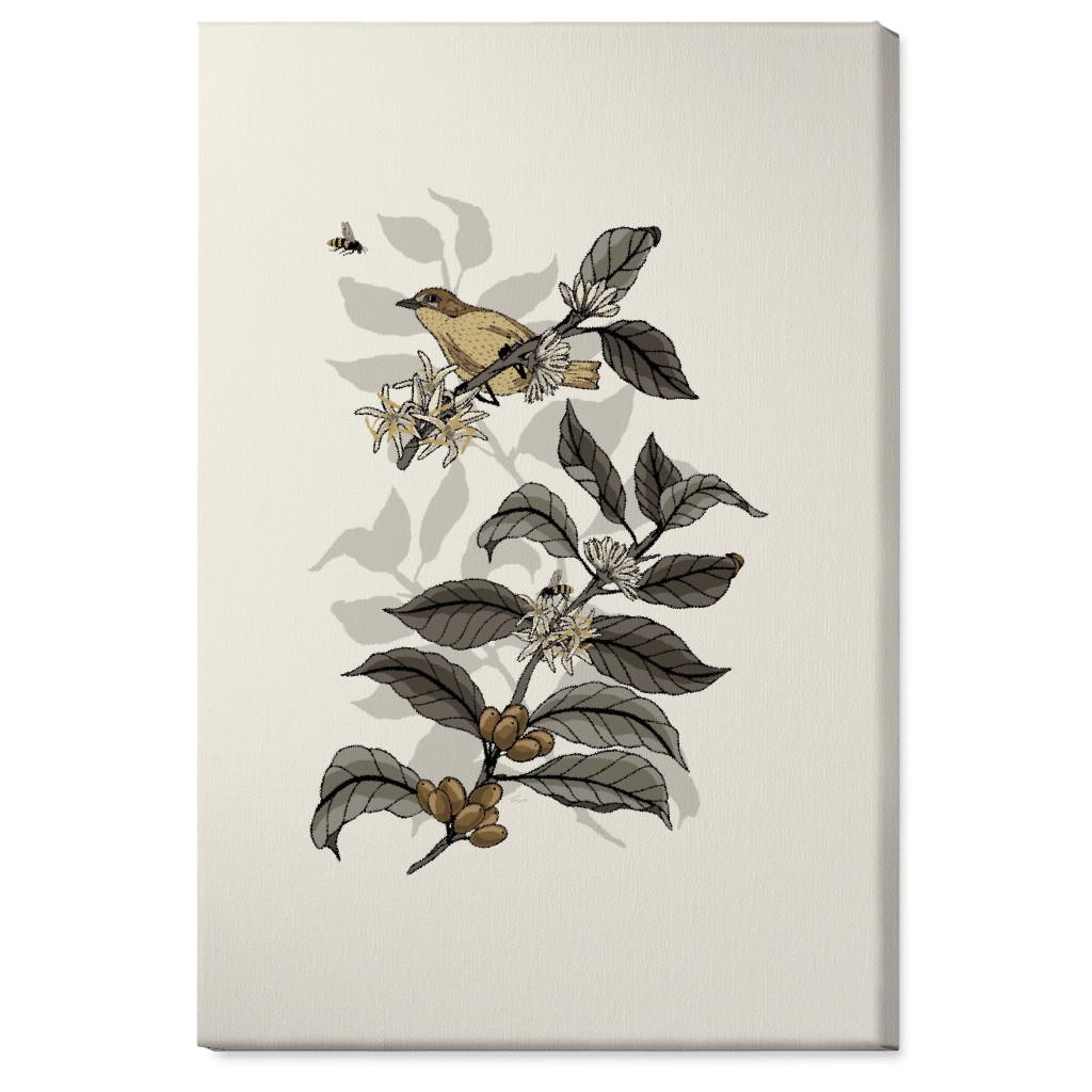Coffee Plant, Bird, and Bee - Neutral Wall Art, No Frame, Single piece, Canvas, 24x36, Beige, Pearl