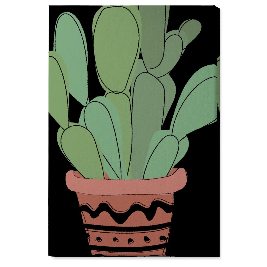 Potted Prickly Pear Cactus - Green and Black Wall Art, No Frame, Single piece, Canvas, 24x36, Green, Classic Green