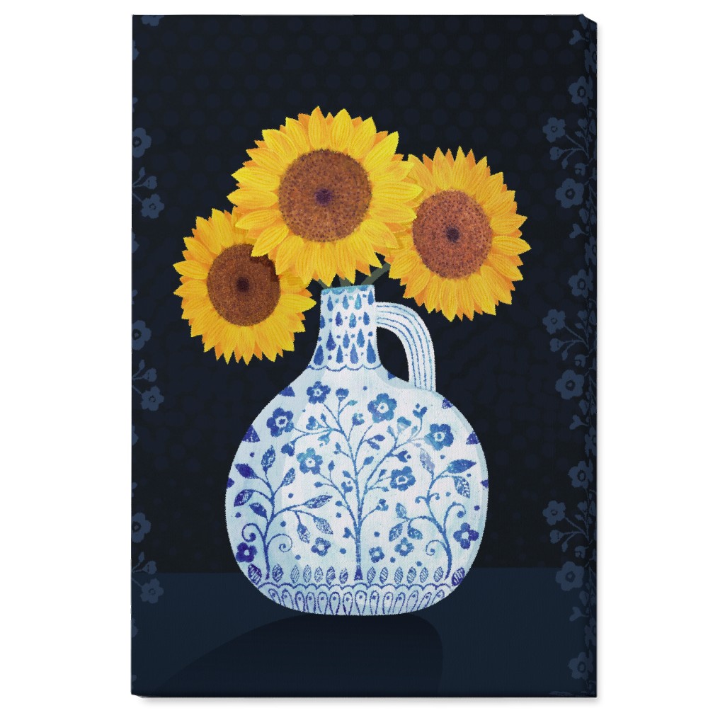 Vase of Sunflowers - Yellow on Black Wall Art, No Frame, Single piece, Canvas, 24x36, Multicolor
