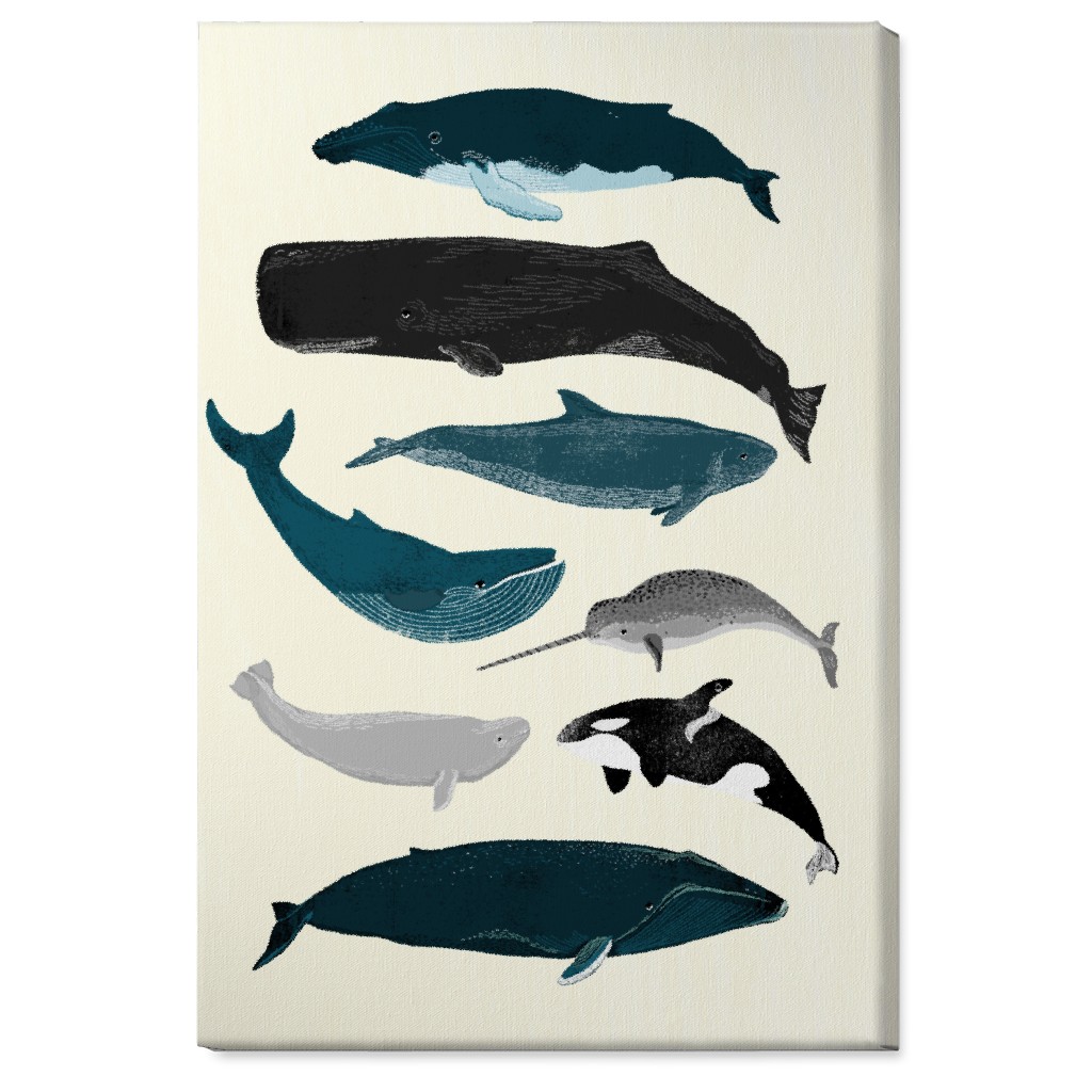 Ocean Whales on White Wall Art, No Frame, Single piece, Canvas, 24x36, Blue, True Blue