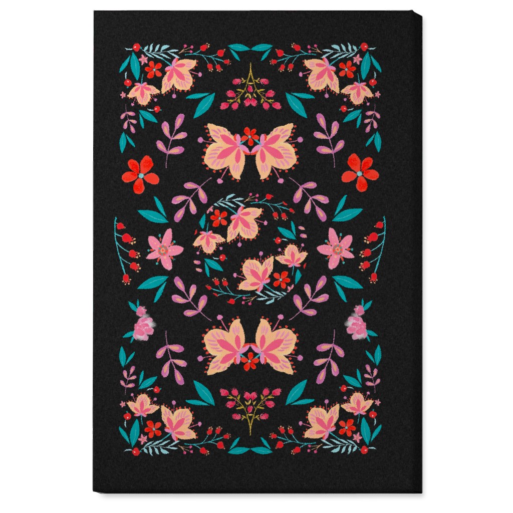 Pink Flora Folk Art on Black Wall Art, No Frame, Single piece, Canvas, 24x36, Multicolor