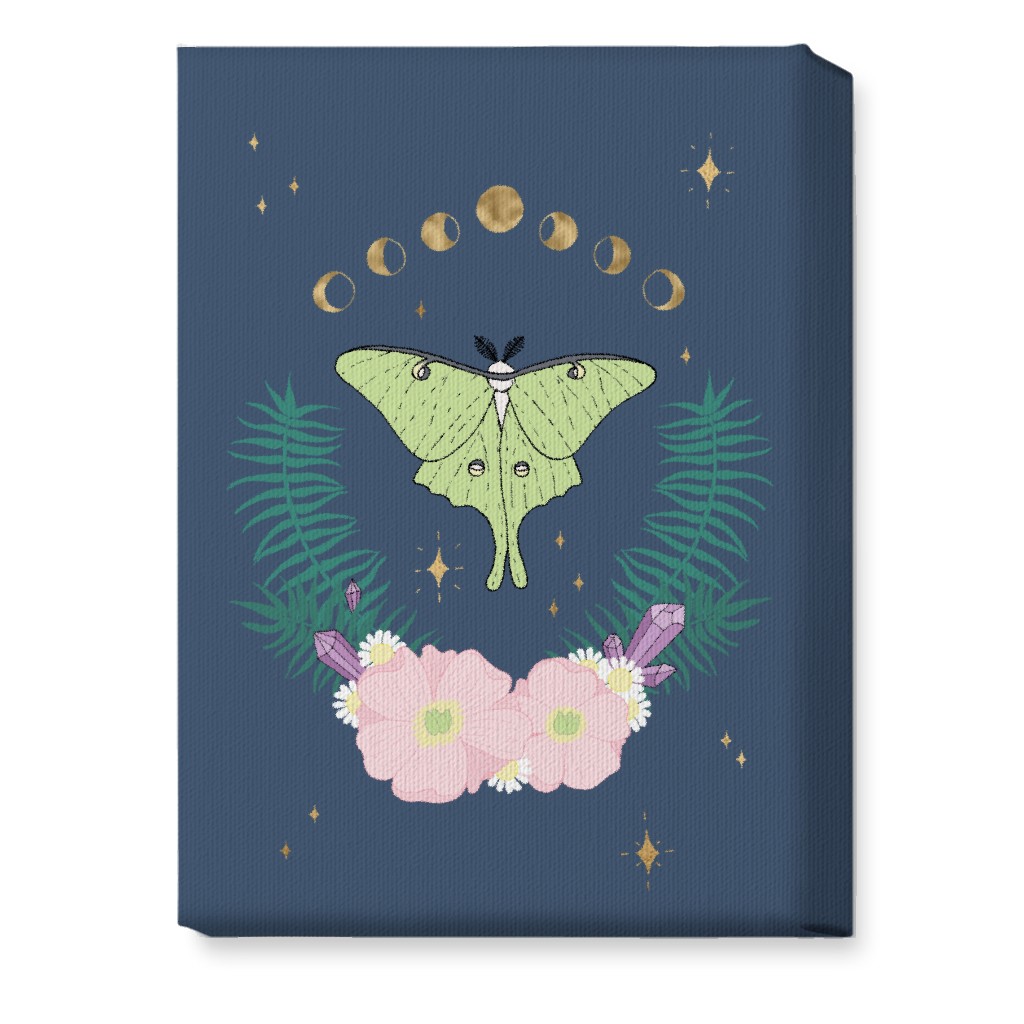 Mystical Moth Floral With Gems - Multi Wall Art, No Frame, Single piece, Canvas, 10x14, Blue