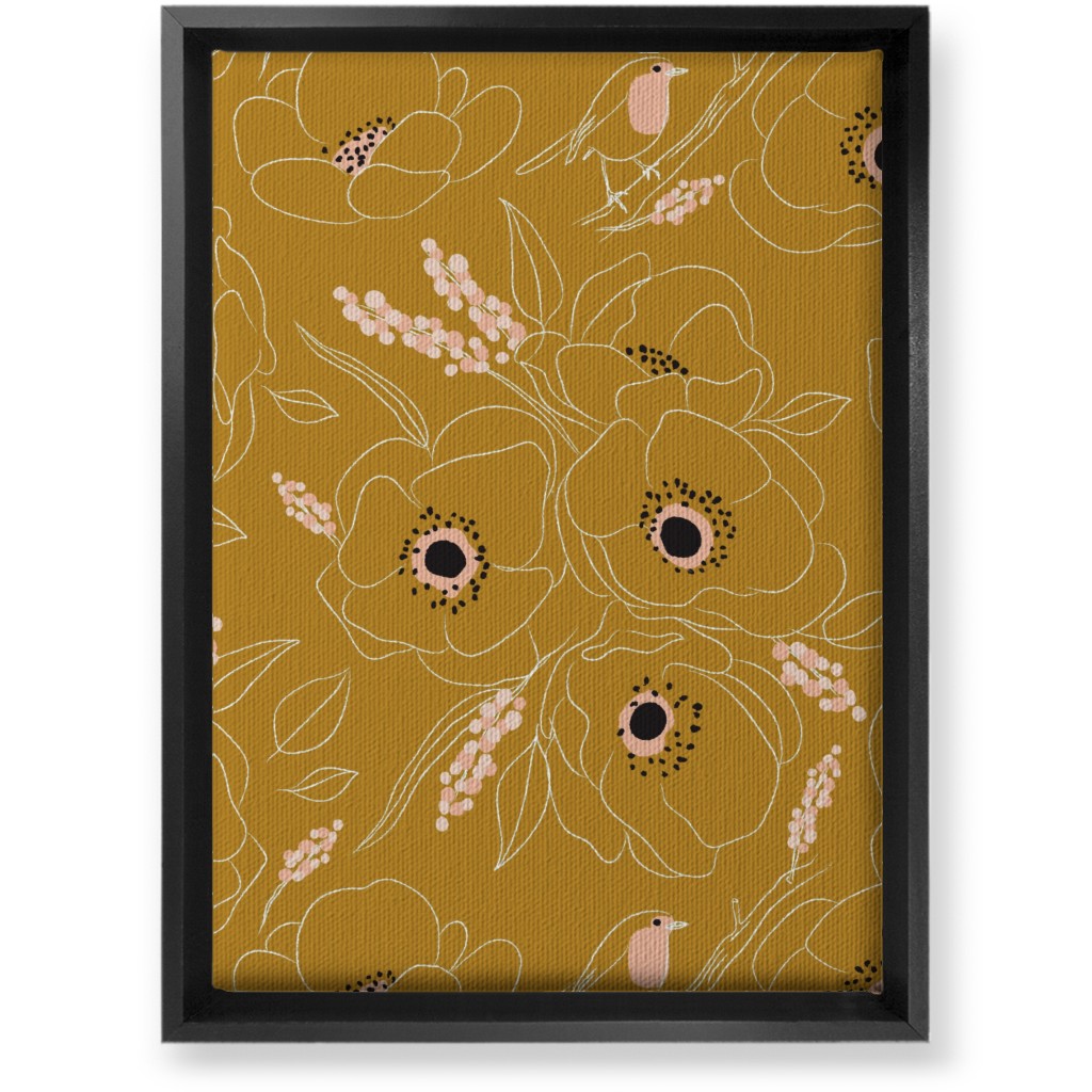 Freehand Robin & Winter Blooms - Gold Wall Art, Black, Single piece, Canvas, 10x14, Yellow