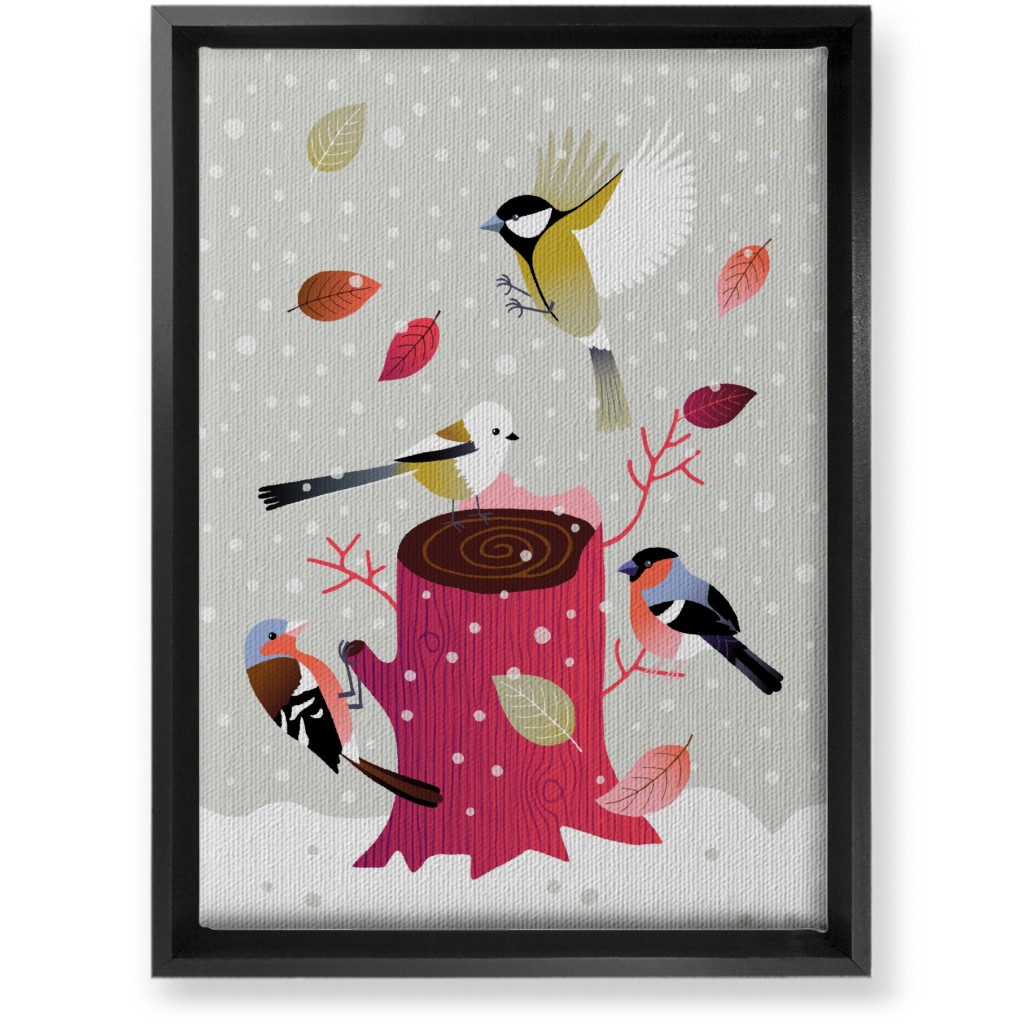 Winter Birds on Tree Stump - Red & Gray Wall Art, Black, Single piece, Canvas, 10x14, Multicolor