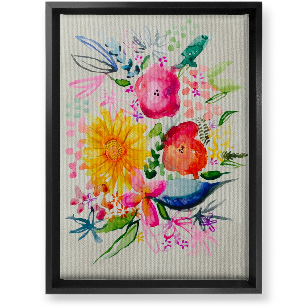 Summer Watercolor Floral Painting - Bright Wall Art, Black, Single piece, Canvas, 10x14, Multicolor