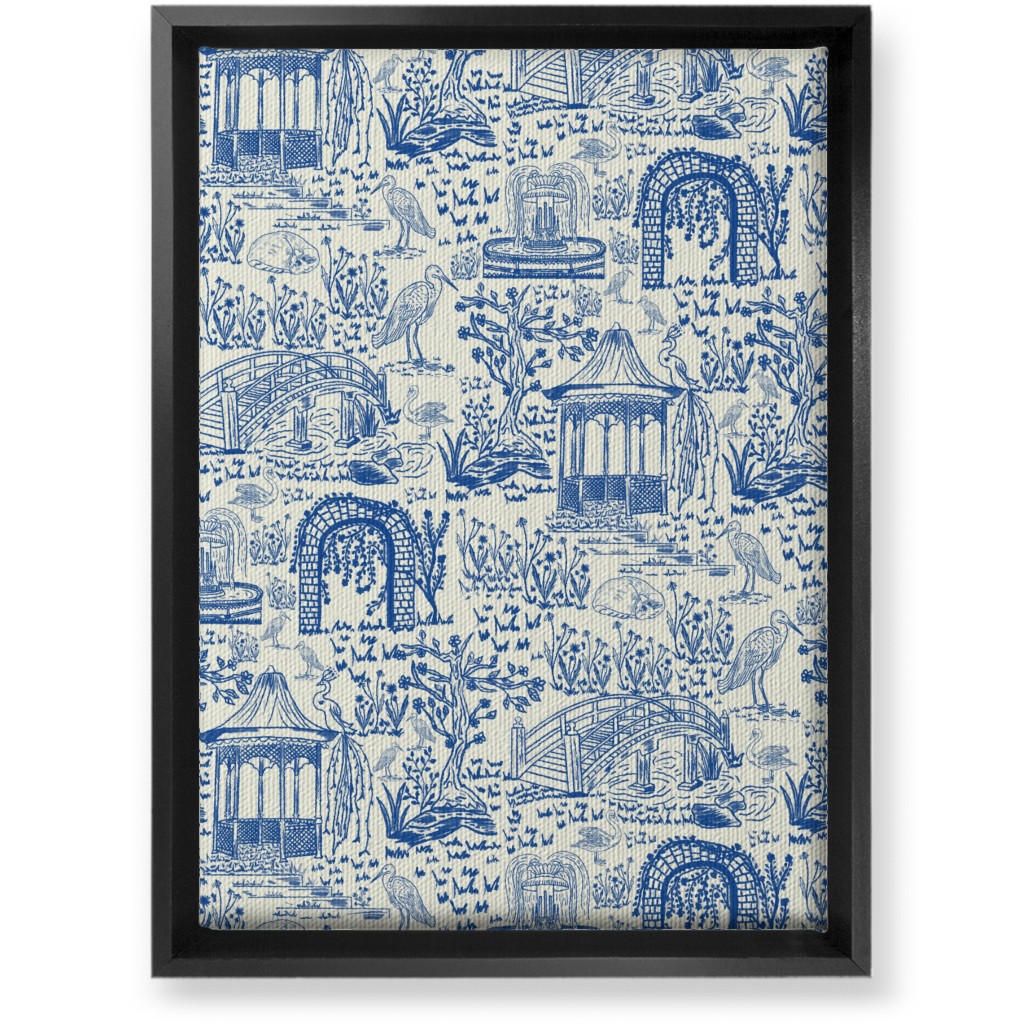 Garden Walk Toile De Jouy - Blue Wall Art, Black, Single piece, Canvas, 10x14, Blue, True Blue