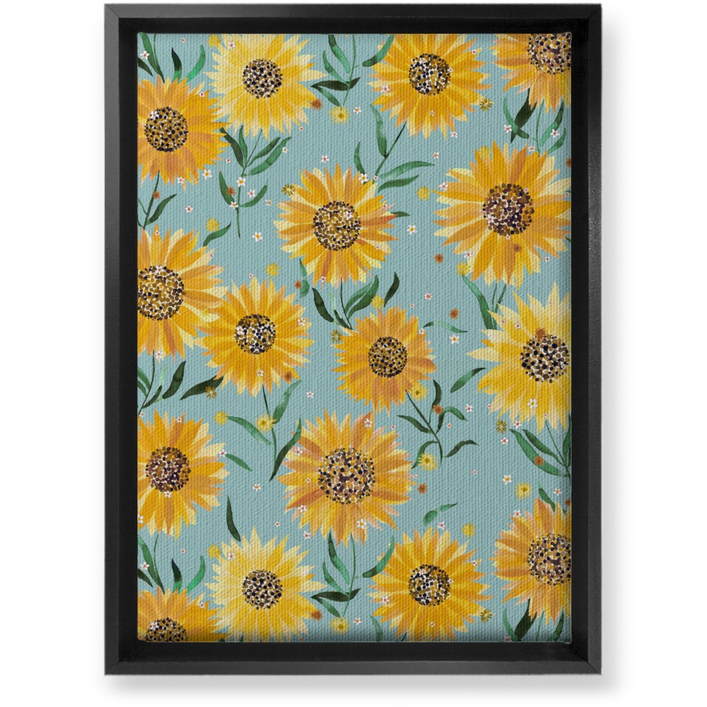 Happy Sunflowers - Yellow on Green Wall Art, Black, Single piece, Canvas, 10x14, Yellow