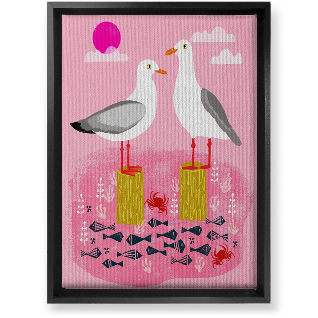 Perched Seagulls - Pink Wall Art, Black, Single piece, Canvas, 10x14, Pink