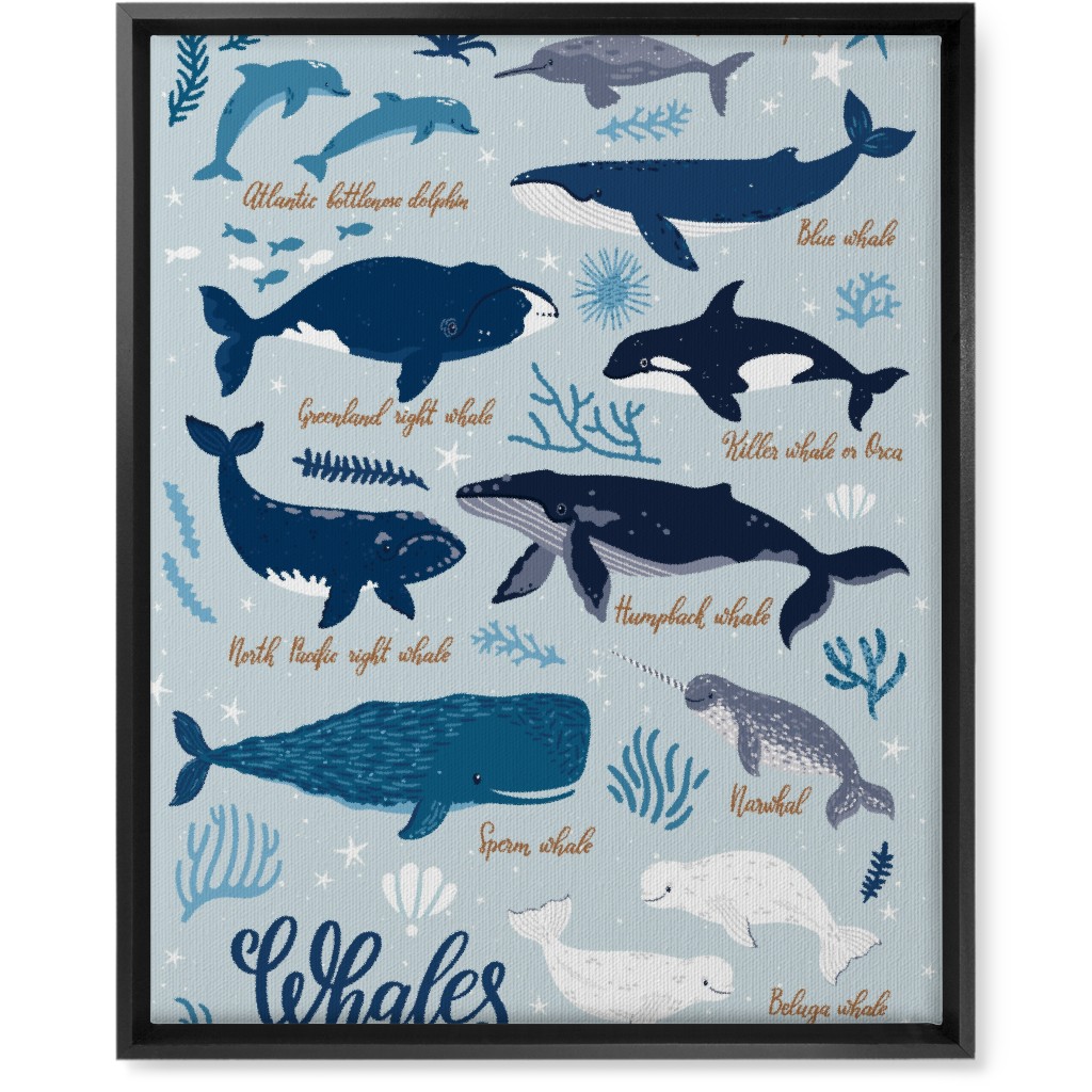 Whales of the Sea - Blue Wall Art, Black, Single piece, Canvas, 16x20, Blue, True Blue
