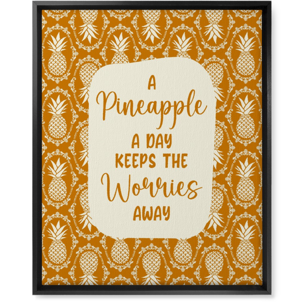 a Pineapple a Day Keeps the Worries Away Damask Wall Art, Black, Single piece, Canvas, 16x20, Orange