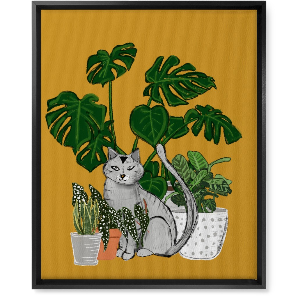 Indoor Garden Cat Wall Art, Black, Single piece, Canvas, 16x20, Orange, Golden