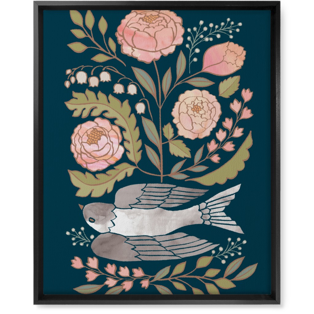 Bloom - Dove & Pink Peonies on Blue Wall Art, Black, Single piece, Canvas, 16x20, Multicolor