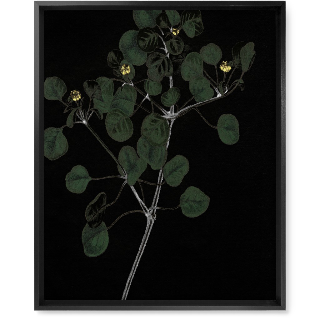 Midnight Botanical Sprig With Leaves - Black and Green Wall Art, Black, Single piece, Canvas, 16x20, Black