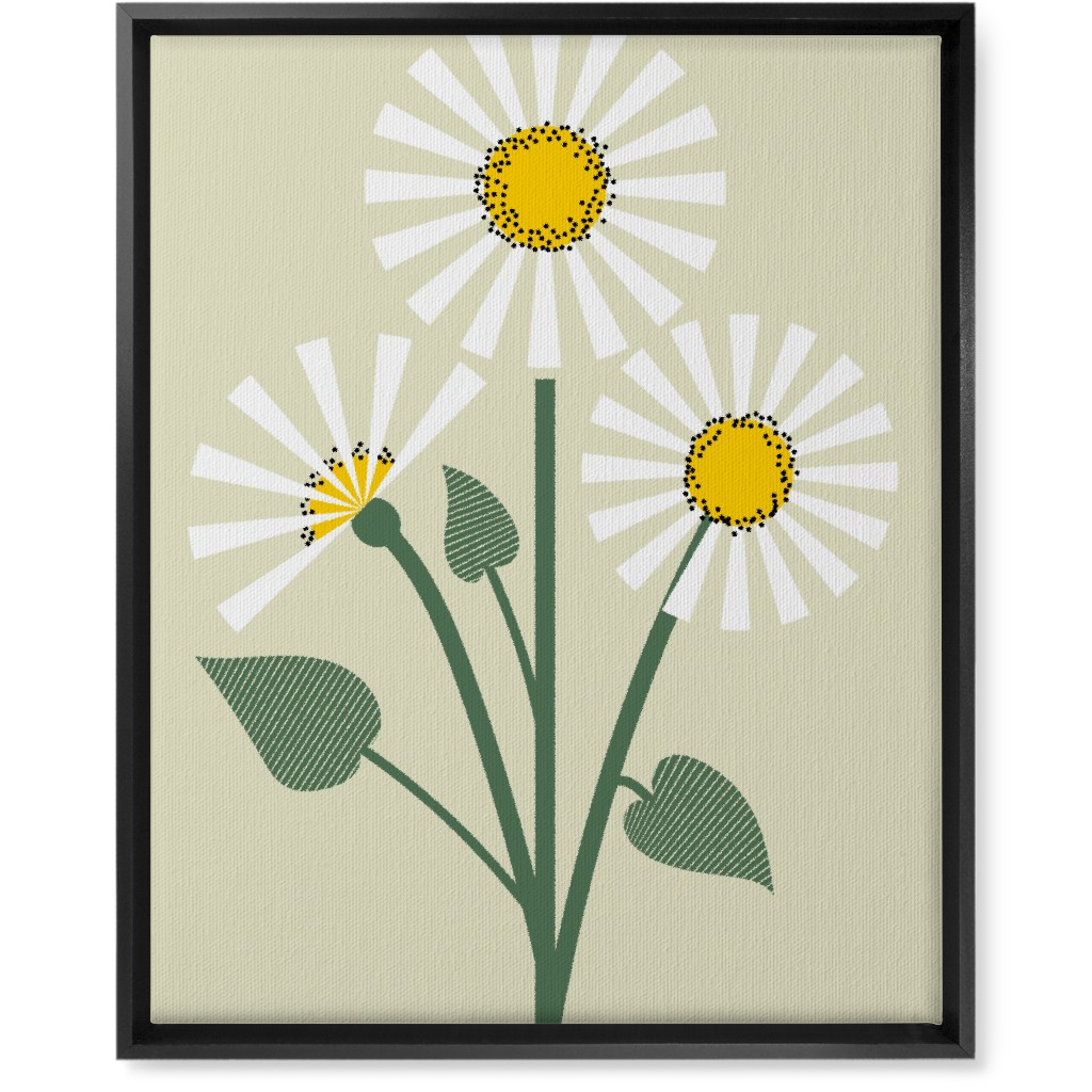 Abstract Daisy Flower - White on Beige Wall Art, Black, Single piece, Canvas, 16x20, Green