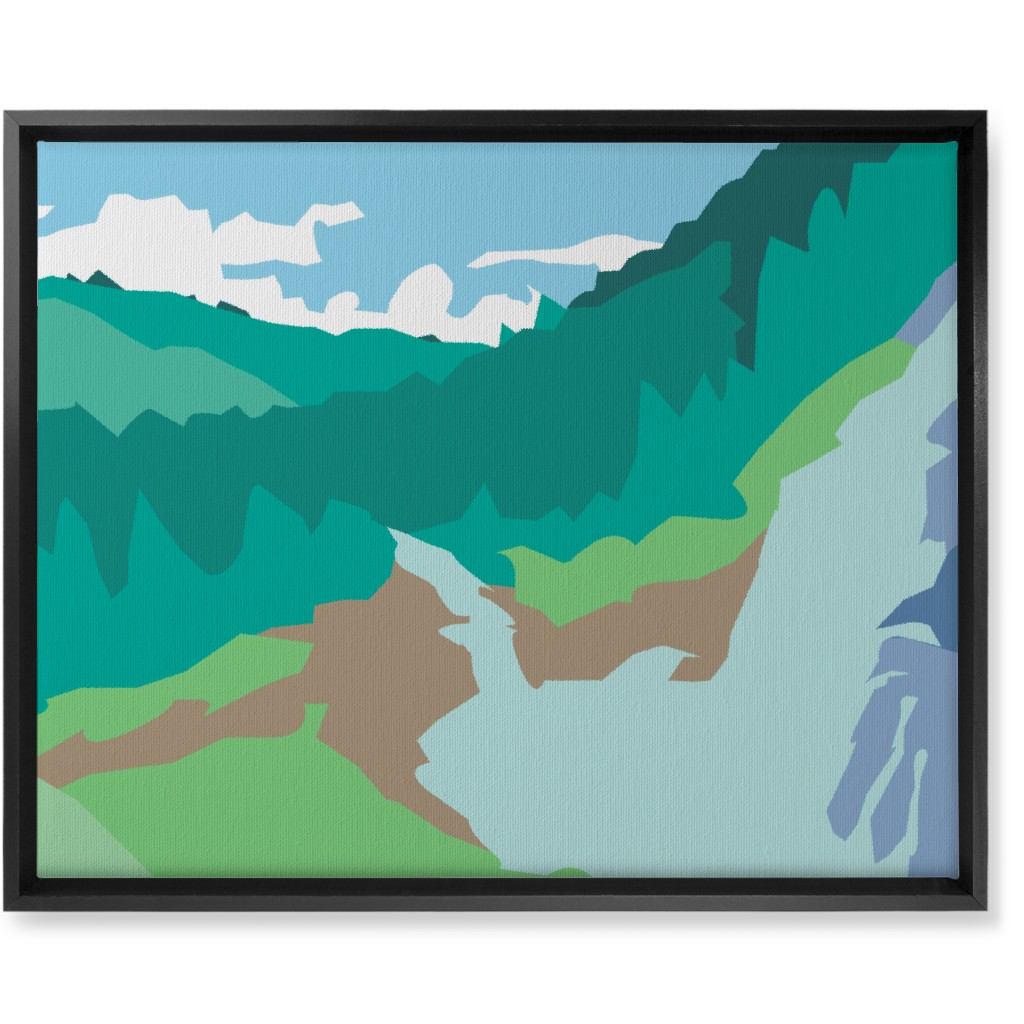 Minimalist Valley Forest Waterfall - Green and Blue Wall Art, Black, Single piece, Canvas, 16x20, Green, Classic Green