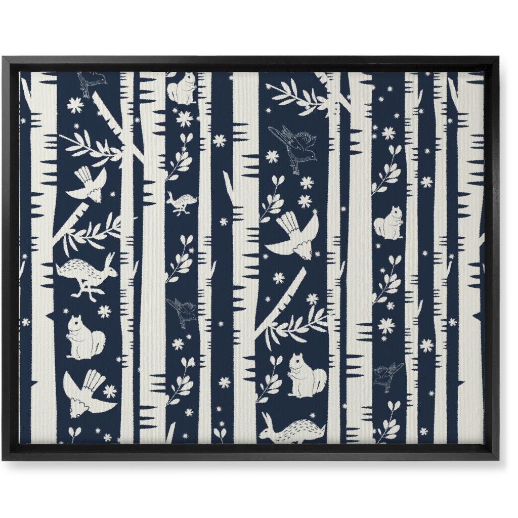 Birch Forest and Wild Animals Wall Art, Black, Single piece, Canvas, 16x20, Blue, Silhouette