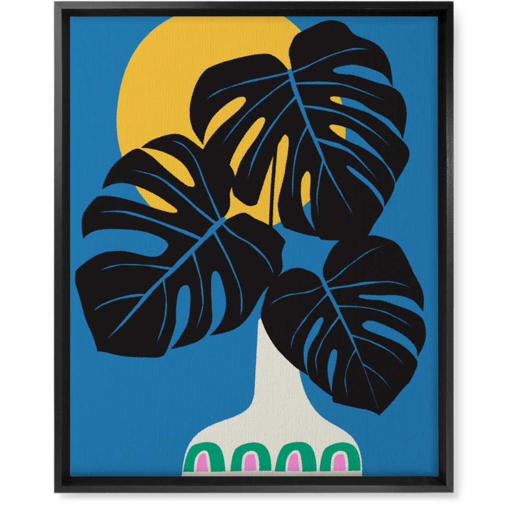Monstera Leaves in a Vase - Blue Wall Art, Black, Single piece, Canvas, 16x20, Blue