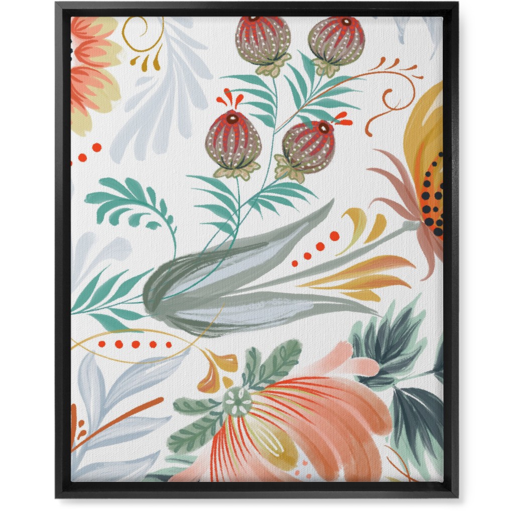 Folksy Floral - Multi on White Wall Art, Black, Single piece, Canvas, 16x20, Multicolor