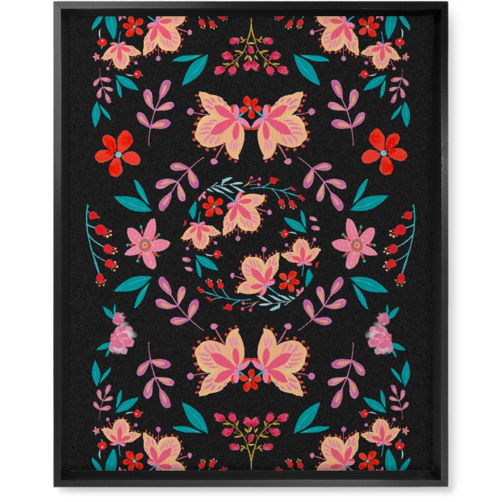 Pink Flora Folk Art on Black Wall Art, Black, Single piece, Canvas, 16x20, Multicolor