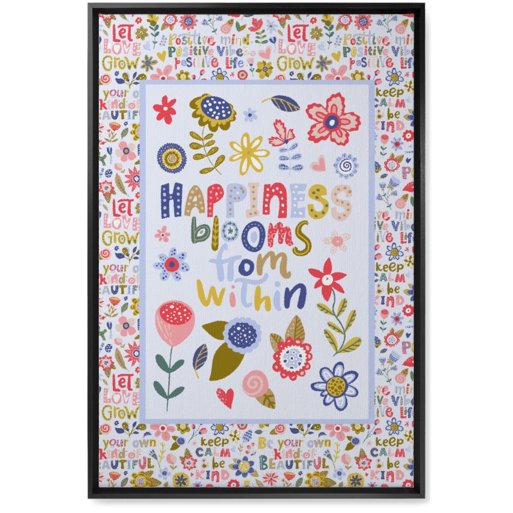Happiness Blooms From Within - Inspirational Floral Wall Art, Black, Single piece, Canvas, 20x30, Multicolor