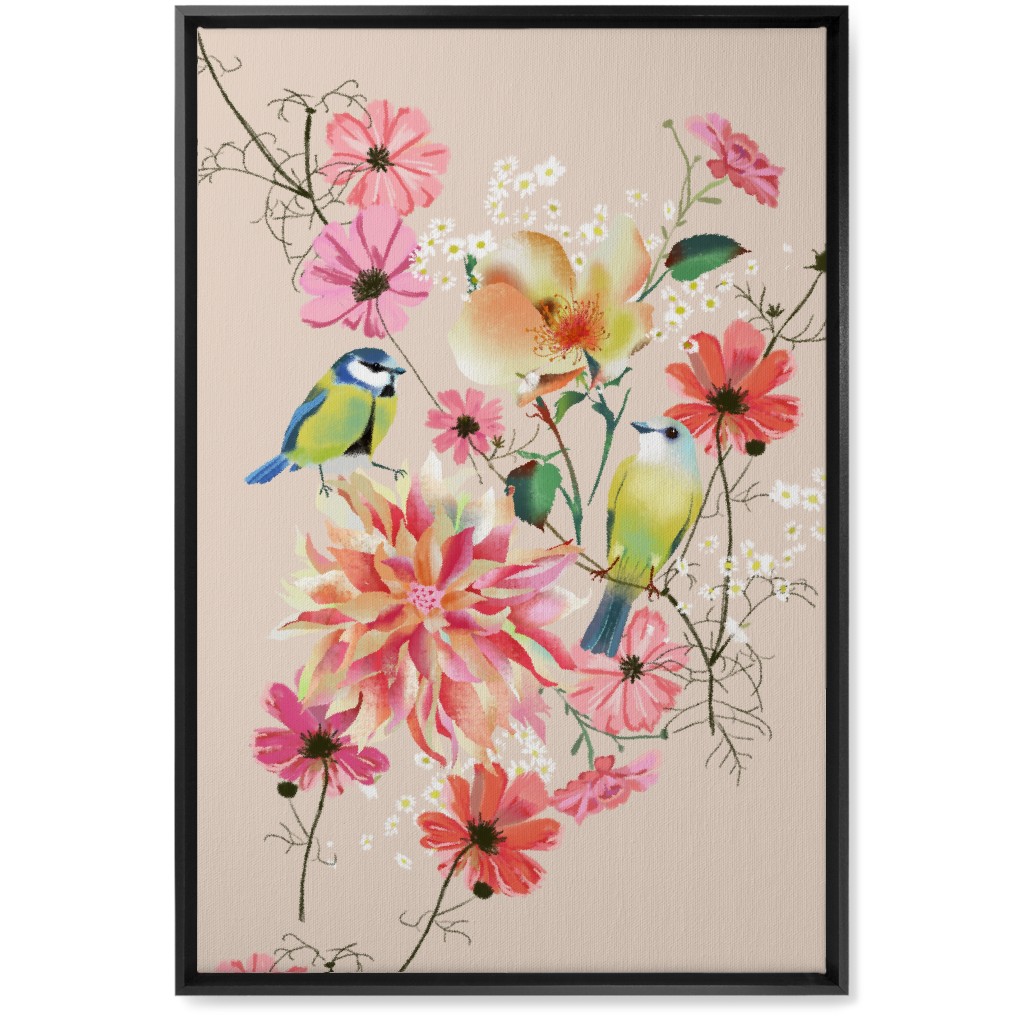 Birds With Dahlias and Cosmea Wall Art, Black, Single piece, Canvas, 20x30, Pink, Bright Pink