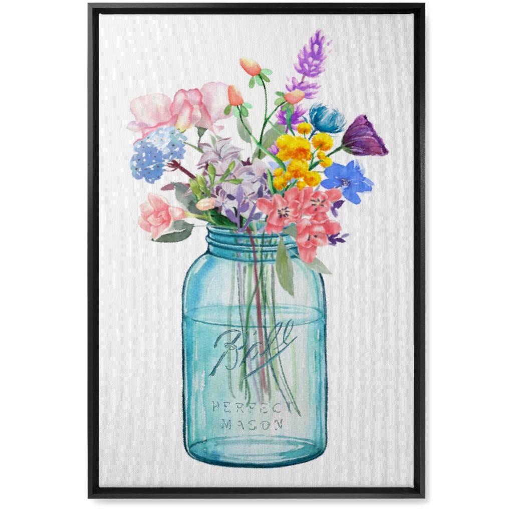 Watercolor Floral Mason Jar Bouquet Painting - Multi Wall Art, Black, Single piece, Canvas, 20x30, Multicolor