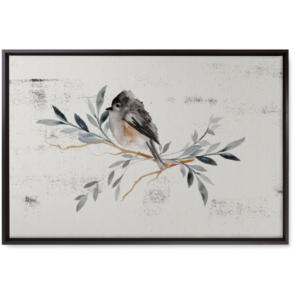 Winter Bird on Branch - Blue Wall Art, Black, Single piece, Canvas, 20x30, Gray