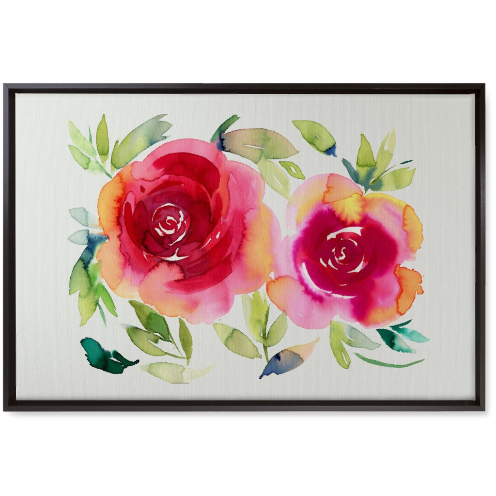 Watercolor Flowers - Pink on White Wall Art, Black, Single piece, Canvas, 20x30, Pink, Bright Pink