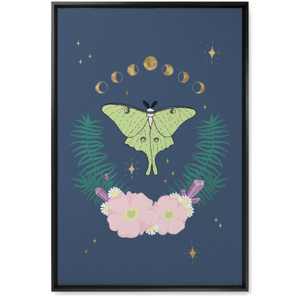 Mystical Moth Floral With Gems - Multi Wall Art, Black, Single piece, Canvas, 20x30, Blue