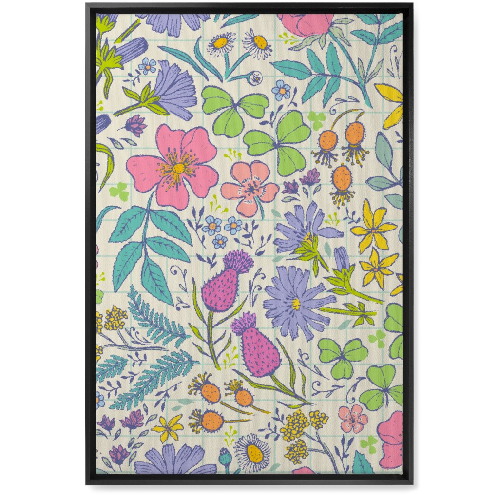Hand Drawn Flowers - Multi Wall Art, Black, Single piece, Canvas, 20x30, Multicolor