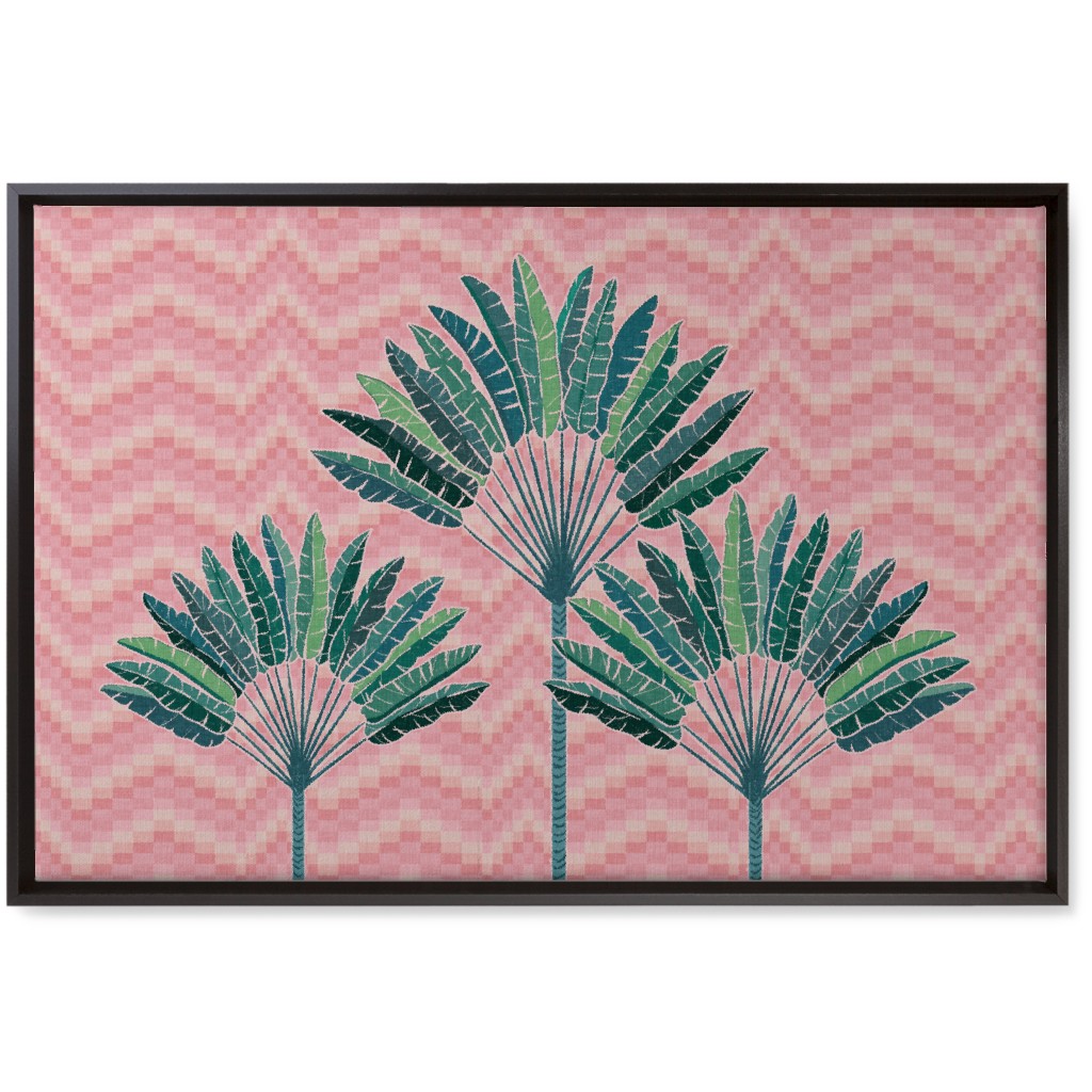 Palms on Wave Grid - Pink Wall Art, Black, Single piece, Canvas, 20x30, Pink, Bright Pink