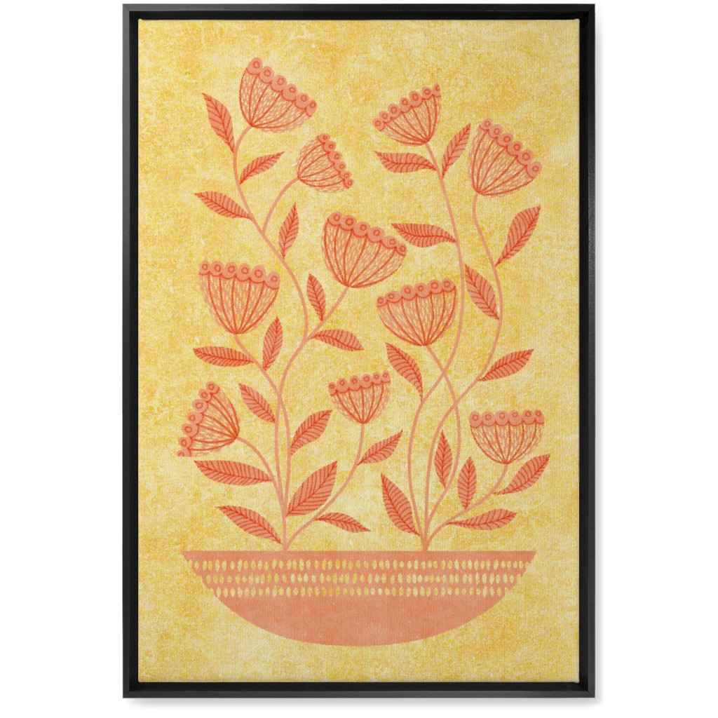 Mid Century Modern Orange Floral on Yellow Wall Art, Black, Single piece, Canvas, 20x30, Orange, Orange