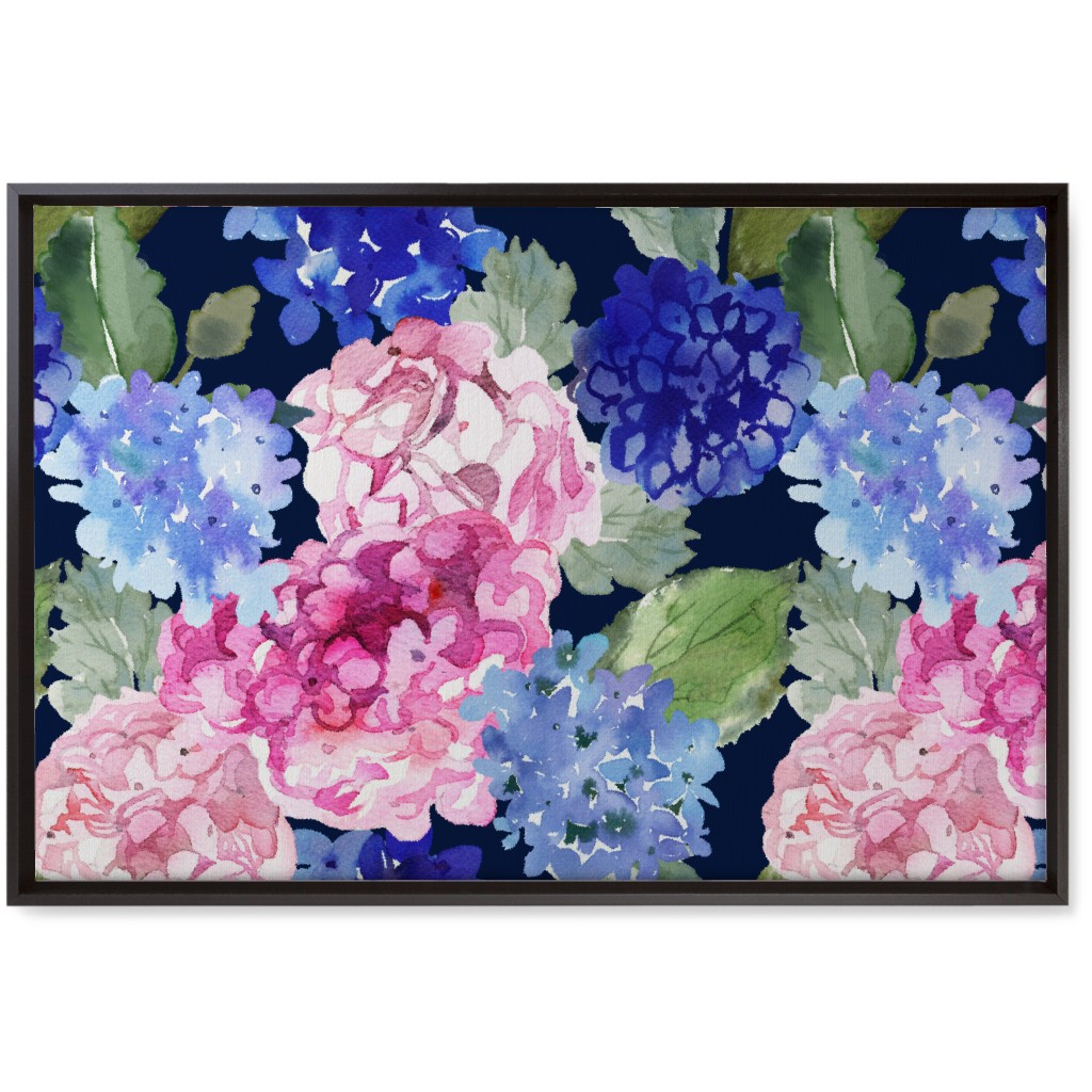 Spring Hydrangea Watercolor - Navy Wall Art, Black, Single piece, Canvas, 20x30, Multicolor