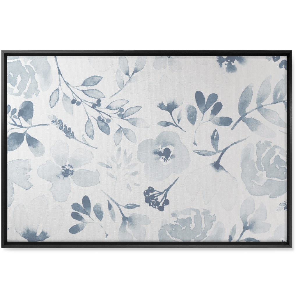 Faded Floral Watercolor - Light Blue Wall Art, Black, Single piece, Canvas, 24x36, Blue, True Blue