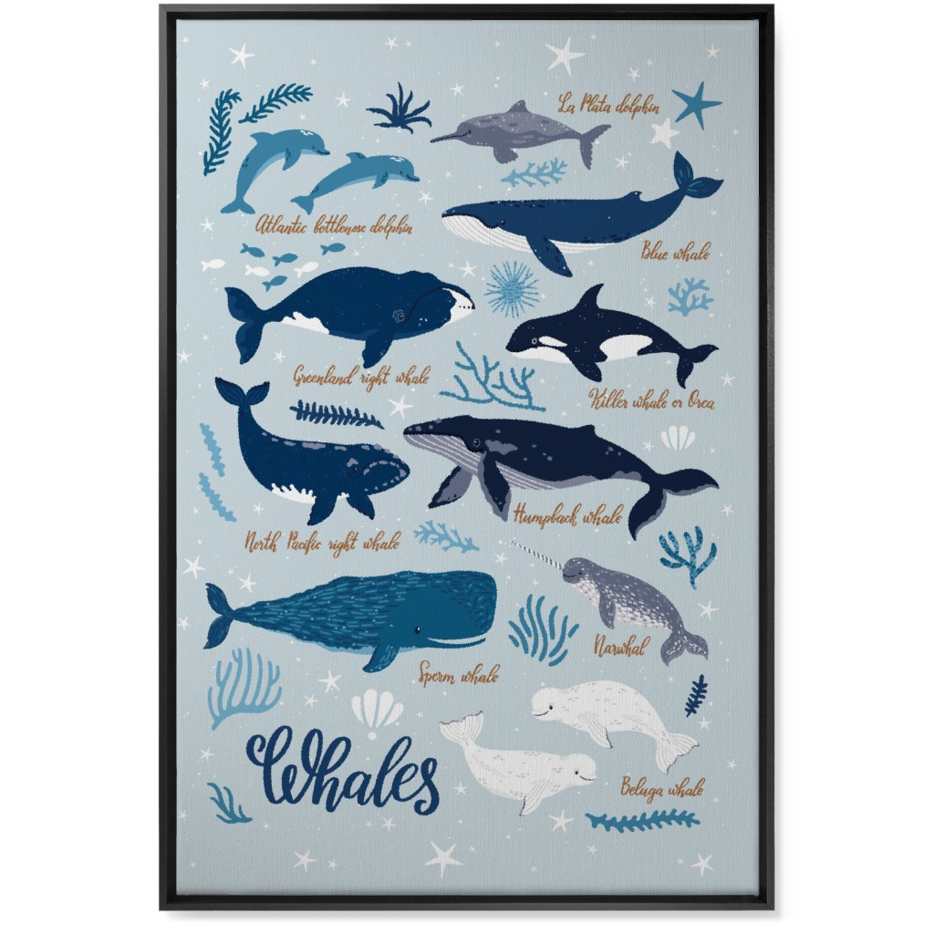 Whales of the Sea - Blue Wall Art, Black, Single piece, Canvas, 24x36, Blue
