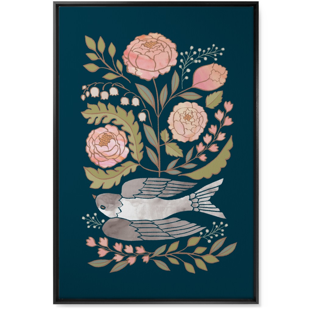 Bloom - Dove & Pink Peonies on Blue Wall Art, Black, Single piece, Canvas, 24x36, Multicolor