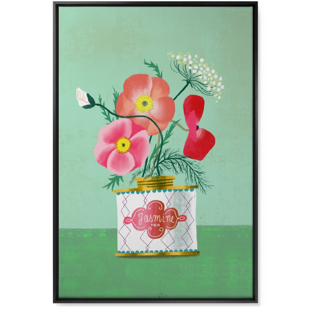 Poppies in Jasmine Tea Tin Wall Art, Black, Single piece, Canvas, 24x36, Green