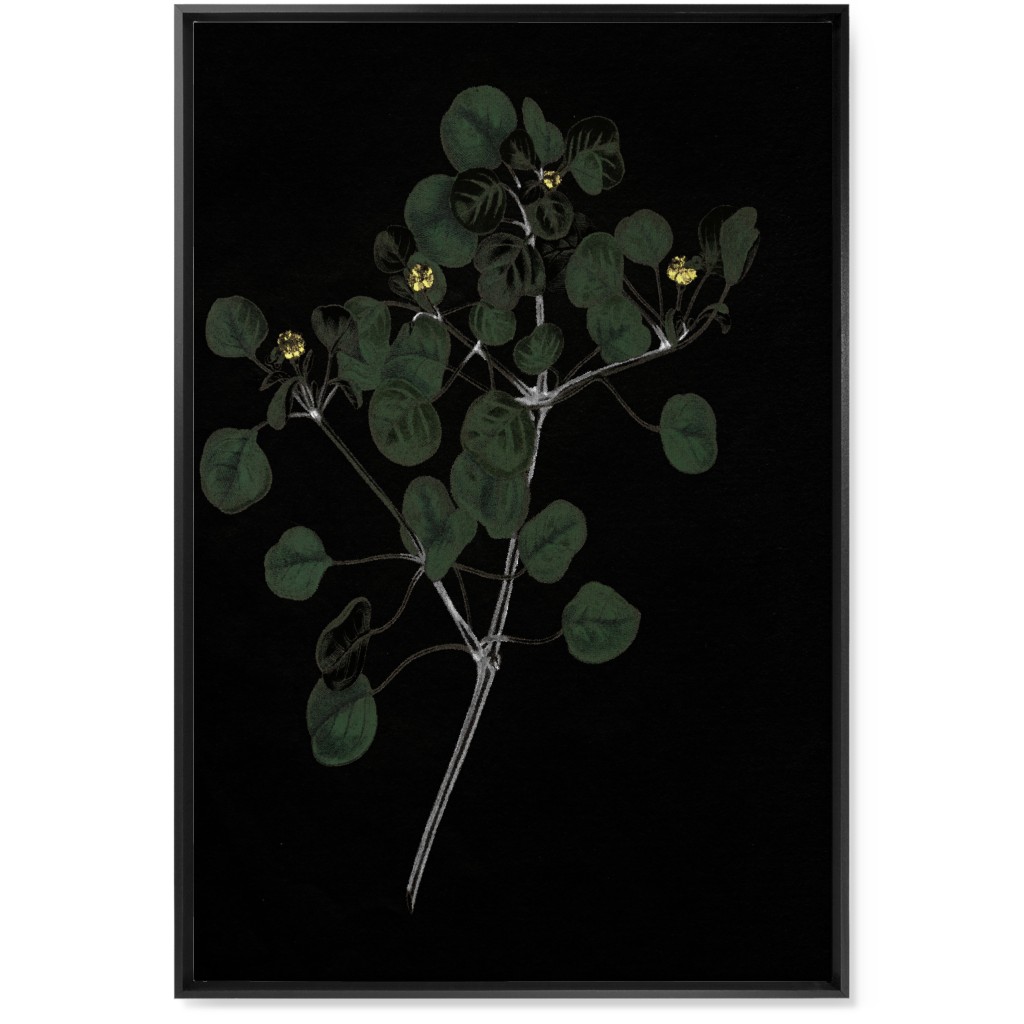 Midnight Botanical Sprig With Leaves - Black and Green Wall Art, Black, Single piece, Canvas, 24x36, Black