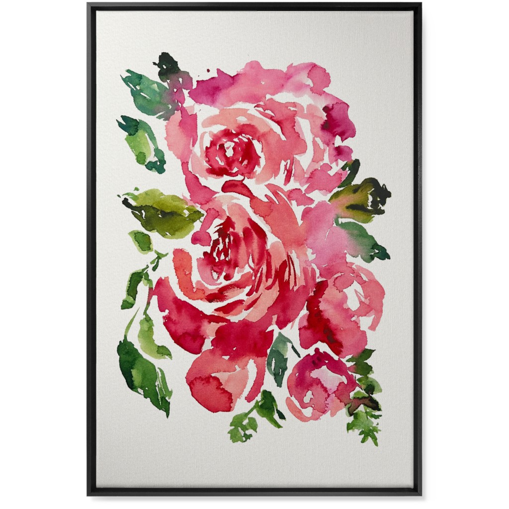 Watercolor Roses - Red Wall Art, Black, Single piece, Canvas, 24x36, Pink, Bright Pink