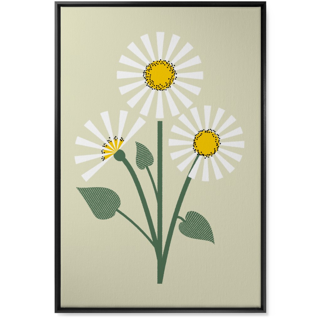 Abstract Daisy Flower - White on Beige Wall Art, Black, Single piece, Canvas, 24x36, Green