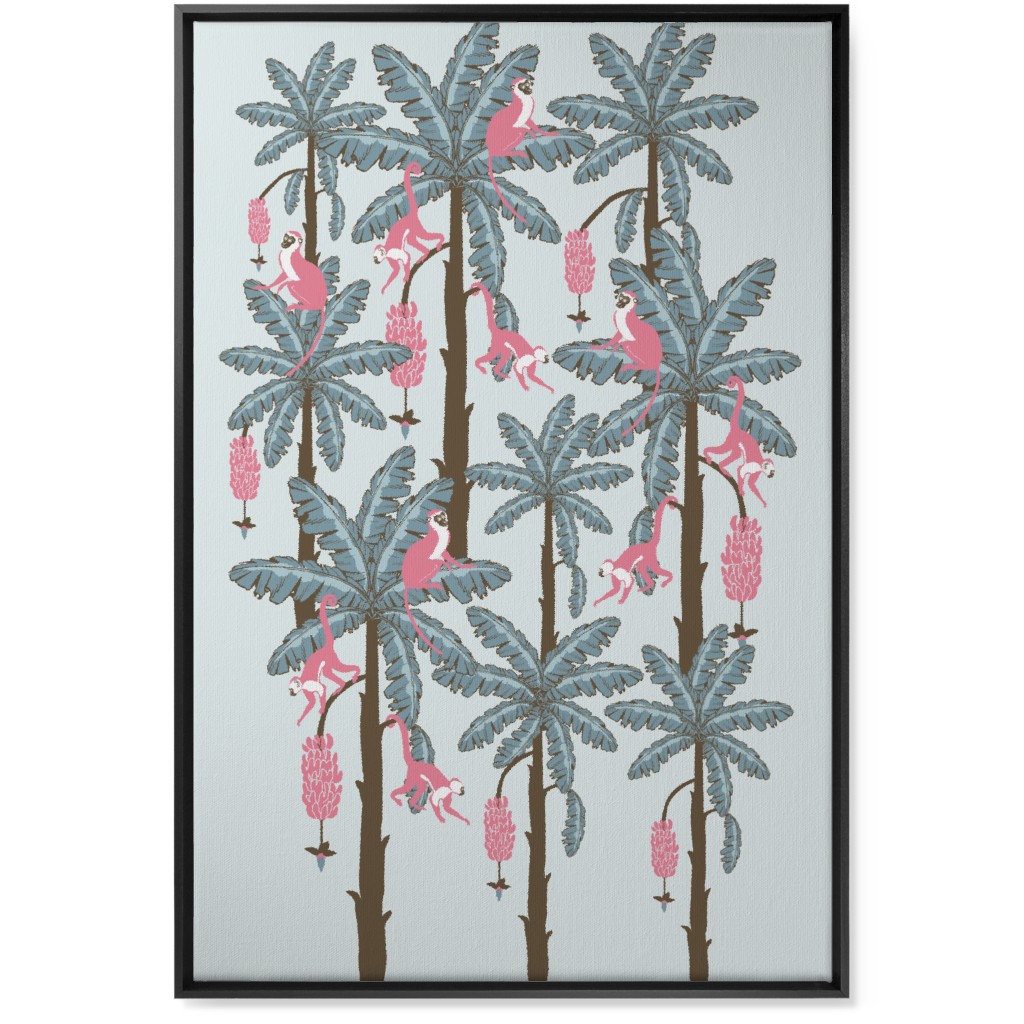 Monkey and Banana Trees - Blue and Pink Wall Art, Black, Single piece, Canvas, 24x36, Blue, True Blue